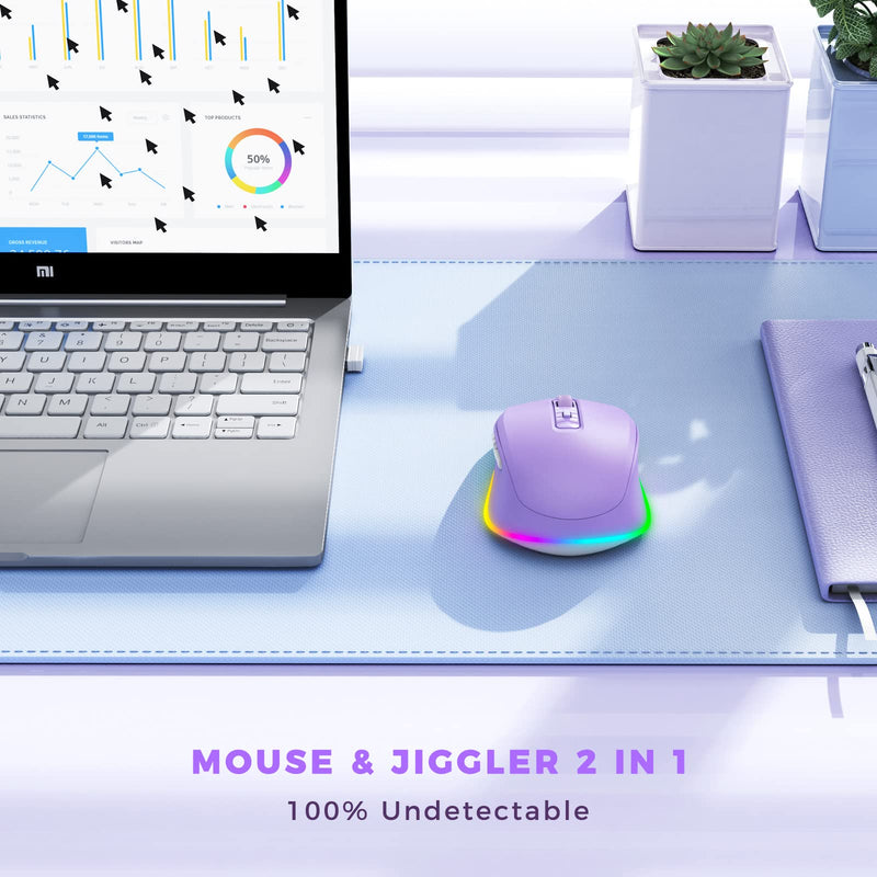 Wireless Mouse, Mouse Jiggler - LED Wireless Mice with Build-in Mouse Jiggler Mover, Rechargeable Moving Mouse for Computer with Undetectable Random Movement Keeps Computer Awake - Purple A Purple Mouse with Jiggler