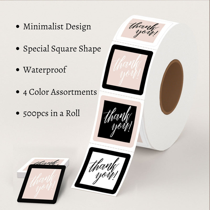 Mobiusea Creation Thank You Stickers Roll | Modern Minimalist | Pink Square 1.5 inch | Waterproof | 500 Labels for Small Business Supplies, Packaging, Bubble Mailer Seal Stickers, Gift Bags