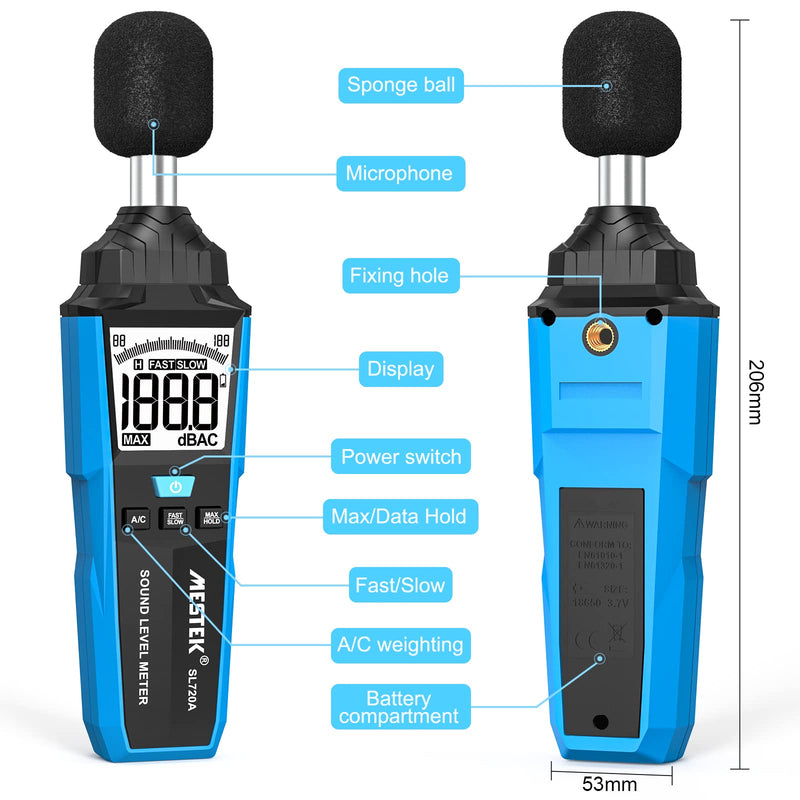 Decibel meter, MESTEK sound level meter, portable db meter, 30 dB to 130 dB, A/C weighted LCD display, can be used in private households, factories and streets