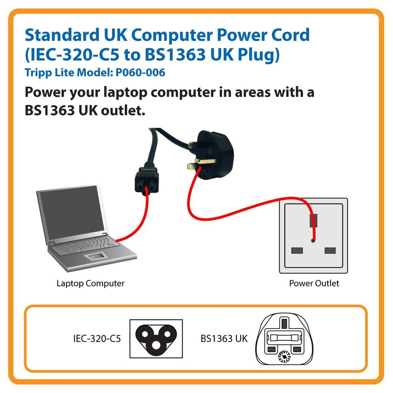 Tripp Lite Standard UK Computer Power Cord (C5 to BS-1363 UK Plug) 6-ft.(P060-006) , Black