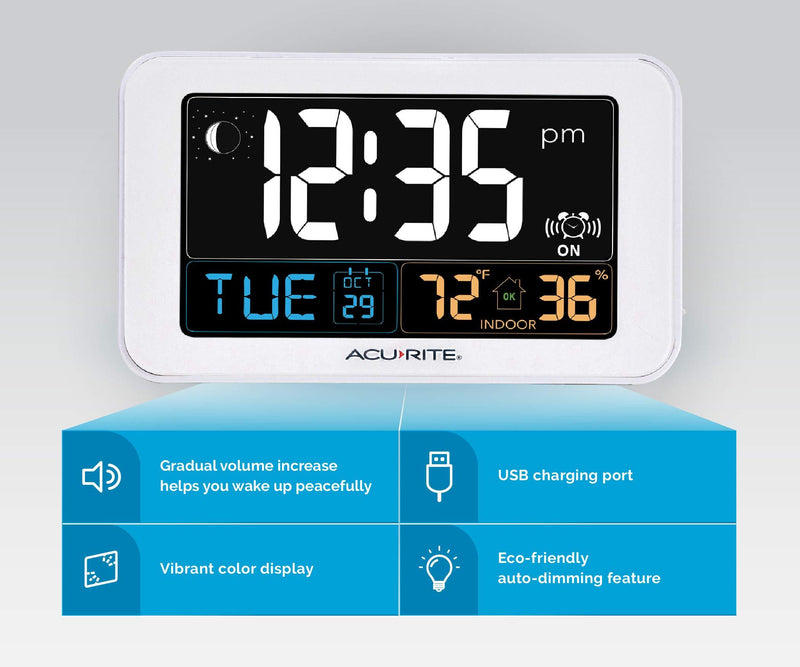 AcuRite Intelli-Time Alarm Clock with USB Charger, Indoor Temperature and Humidity (13040CA), 0.8, White