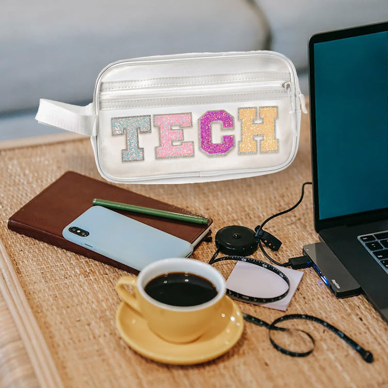 COSHAYSOO Clear Electronic Accessories Storage Bag Preppy Letter Patch Travel Pouch for Women Teens Girls, Cable Cord Charger Phone Earphone Organizer Trendy Traveling Must Have Essentials (TECH) White-TECH