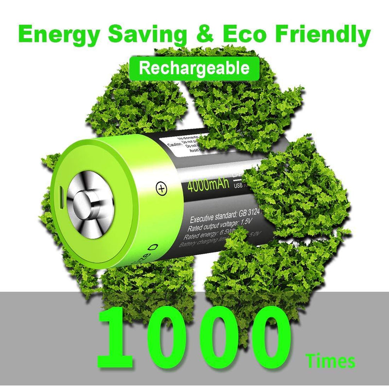 D Cell Batteries - USB Rechargeable Lithium D Batteries - 1.5V / 4000mAh (2-Pack) - Not NI-MH/NI-CD/Alkaline Batteries - ECO-Friendly & Recyclable - No Memory Effect D Cell 2 Pack