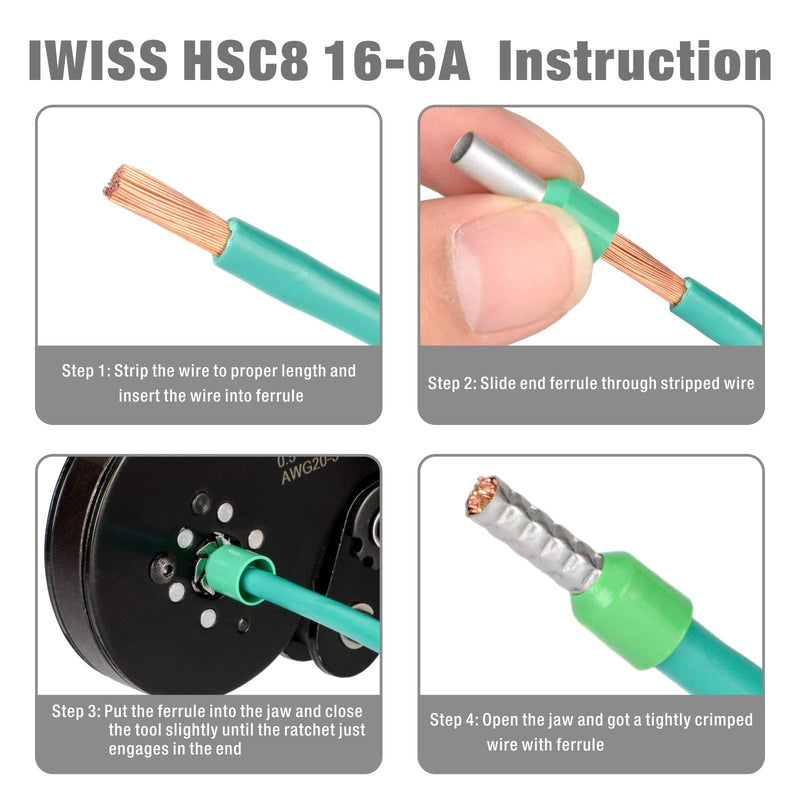 IWISS Self-adjustable Crimping Tools Plier for AWG20-5 Bootlace End-sleeves Ferrule, Ratchat Wire Crimping Tool HSC8 16-6