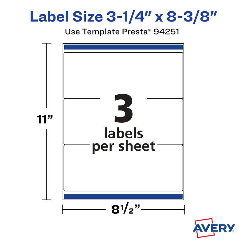 Avery Matte White Rectangle Labels with Sure Feed, 3-1/4" x 8-3/8", 75 Matte White Printable Labels 75 Labels