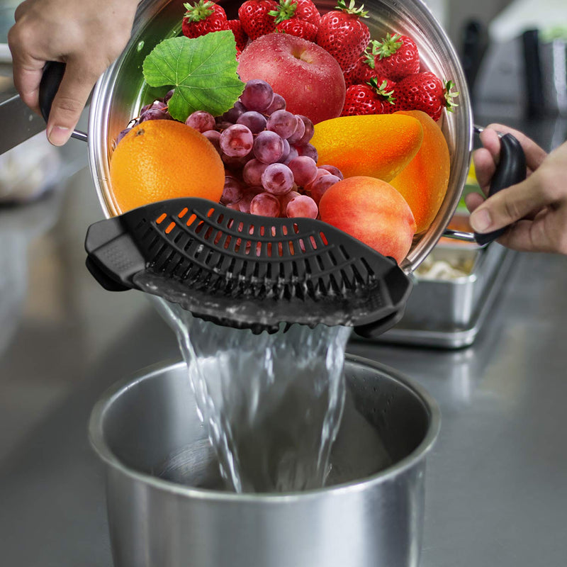 AUOON Clip On Strainer Silicone for All Pots and Pans, Pasta Strainer Clip on Food Strainer for Meat Vegetables Fruit Silicone Kitchen Colander Black