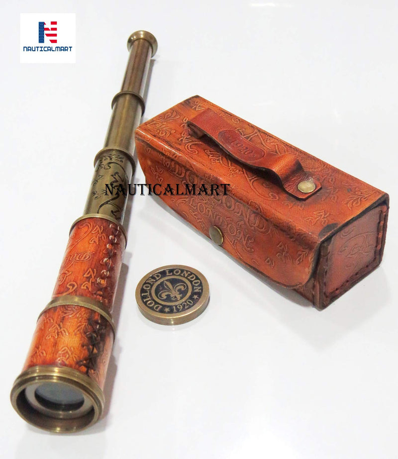 Brass Nautical Antique Working Telescope/Spyglass Replica in Leather Box, with Glass Optics, Extendable to 16 inches, Made of Pure Brass, Decorative Kids Scope