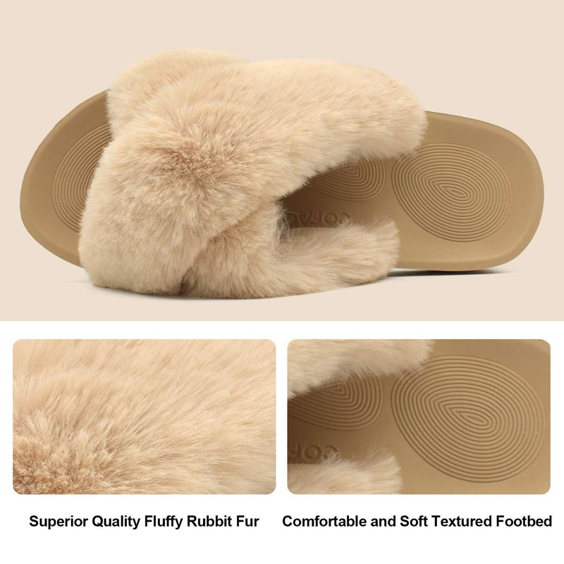 COFACE Womens Fuzzy Slides Fluffy Faux Fur House Slippers Open Toe Slip On Sandals Cozy Soft Yoga Mat Slippers Sandals with Arch Support Indoor Outdoor 5 Beige