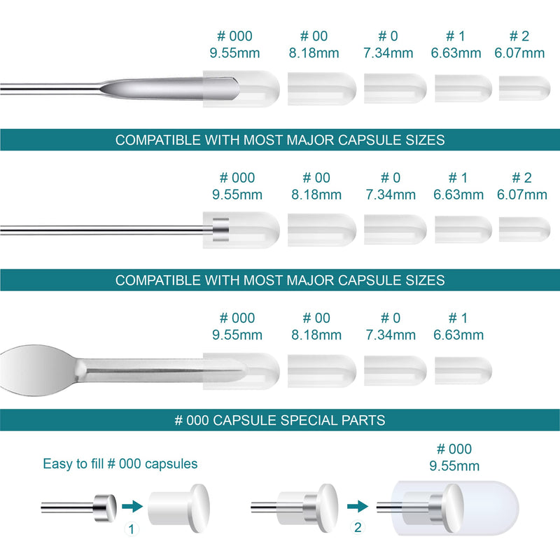Capsule Filling Machine Kit for Pill Filler - Micro Spoon Spatula Tool for Gel Capsules Fast Fill Tray with Herb Powder Tamper Tools Sizes # 000 00 0 1 2