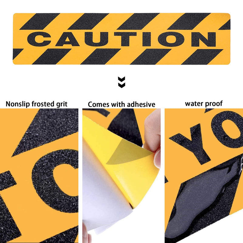 Caution Watch Your Step Floor Decals Stickers, Abrasive Adhesive Anti-Slip Warning Signs, Black and Yellow Non Skid Grip Tape for Stairs Workplace Home Safety, 6x24", 4 Pack