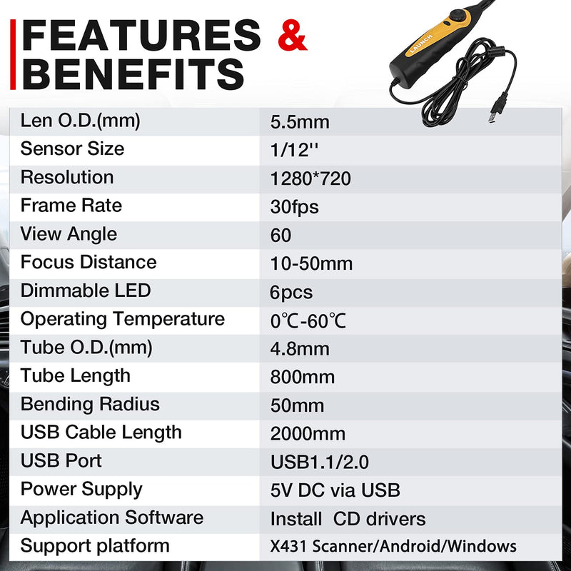 LAUNCH Tech VSP-600 USB Endoscope, 0.21 Inch Snake IP67 Waterproof HD Videoscope Borescope, Suitable for X431 V PRO3S+ Scanner & Android Phone, with 6 Adjustable LED Lights