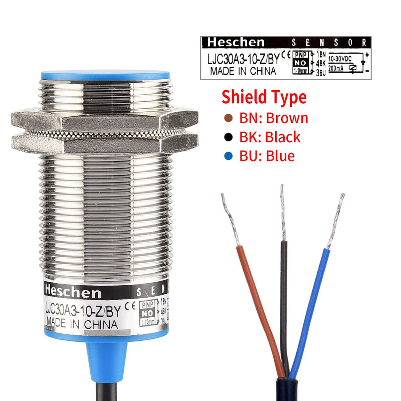 Heschen M30 Capacitive Proximity Sensor Switch Shield Type LJC30A3-10-Z/BY Detection 1-10mm 10-30VDC 200mA PNP Normally Open(NO) 3 Wires