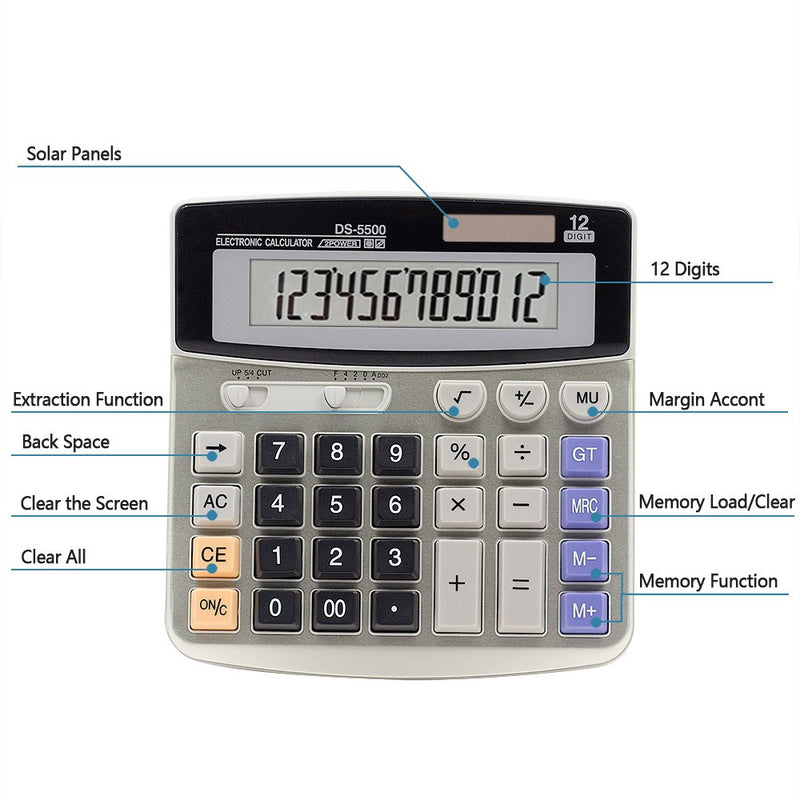 Calculator,12-Digit Desktop Basic Calculator, Solar Battery Dual Power with Large LCD Display and Large Buttons Office Calculator by Ebristar (JP01251A)