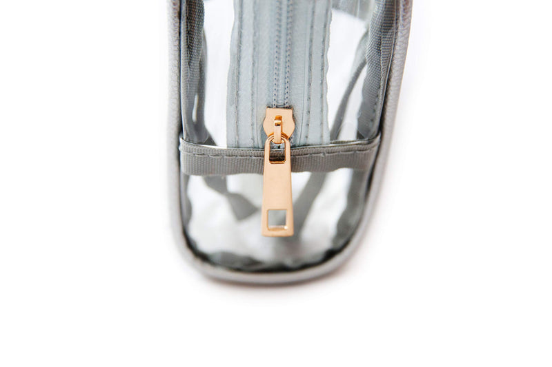 Clear Makeup and Brush Bag / Long Cosmetic Organizer Pouch for Travel, Gym or Home / Vegan Leather Piping and 2 Interior Pockets with Zipper / Small See Through PVC Plastic and Transparent Design / Hair Product Organizer Silver