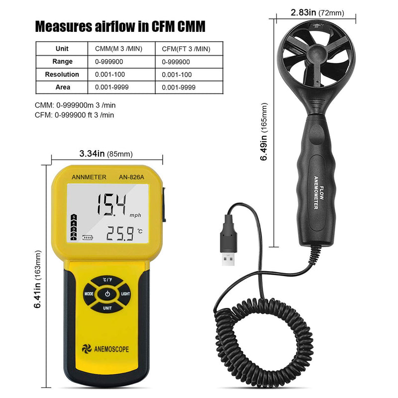 ANNMETER Pro HVAC Anemometer- Air Flow Velocity Meter AN-826A 0.001~100Mph Wind Speed Gauge,Handheld Wind Tester Measuring Airflow Movement Temp with Max AVG Current AI-826A HVAC Anemometer