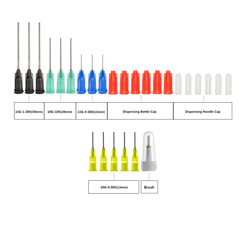 6Pcs Dispensing Bottle with 14Pcs Dispensing Needles and 1Pc Dispensing Brush and 12Pcs Cap (30ml+50ml+100ml)