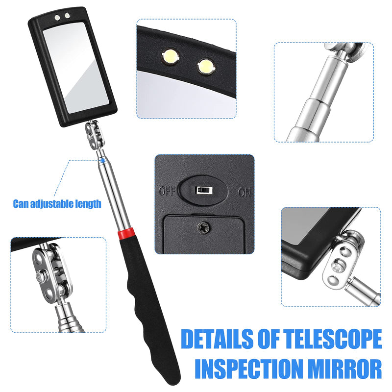 4 Pieces Telescoping Inspection Mirror Telescoping LED Lighted Flexible Inspection Mirror Round Mirror Square Mirror Inspection Tool for Checking Observing Vehicle Small Part (Elegant Style) Elegant Style