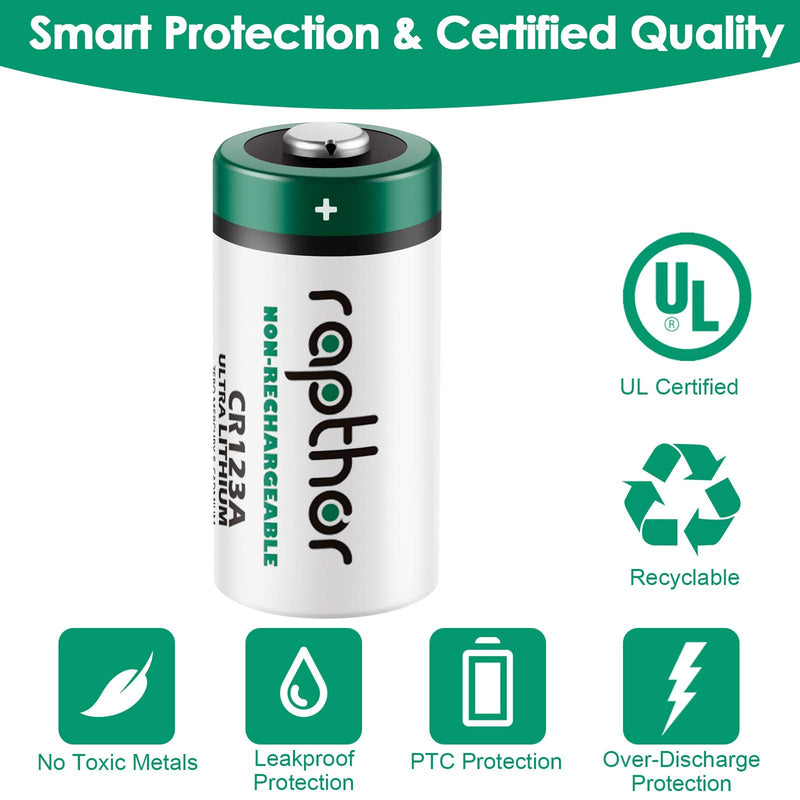Rapthor CR123A Lithium Batteries 3V 1650mAh, 12 Pack CR17345 High Power 123 Photo Battery CR123 PTC Protected for Cameras Flashlight Alarm Smart Sensors (Non-Rechargeable, Not for Arlo) (Pack of 12)