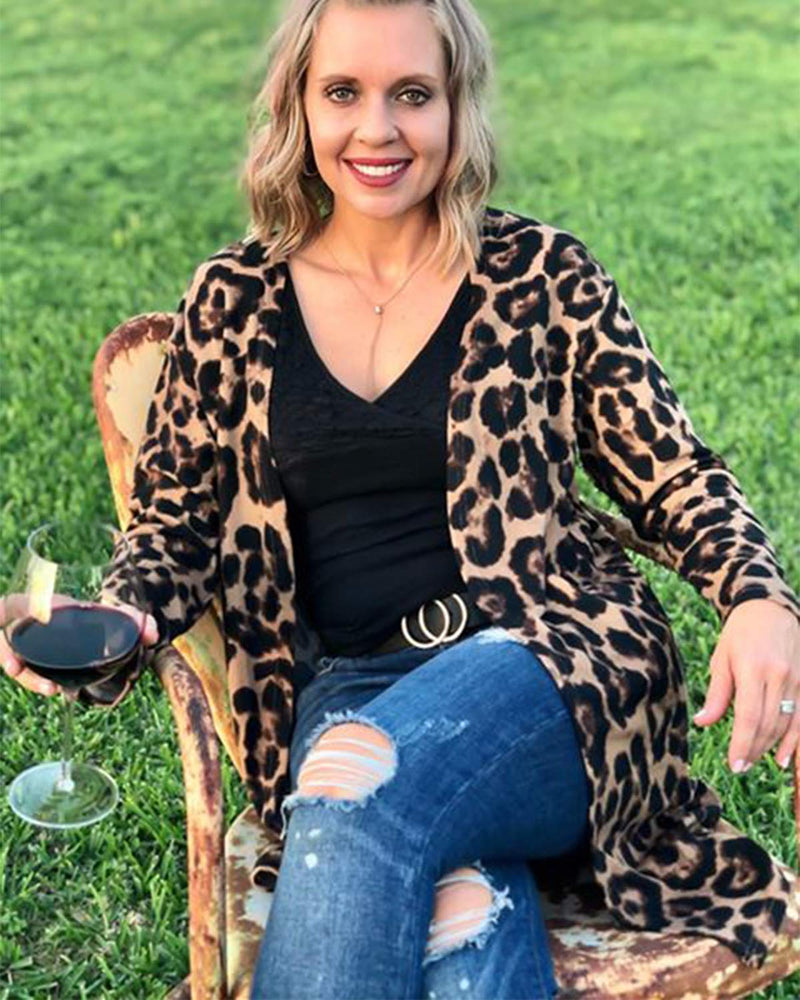 OUGES Women's Open Front Cardigan Shirt with Pockets Long Sleeve Lightweight Coat Small Leopard01