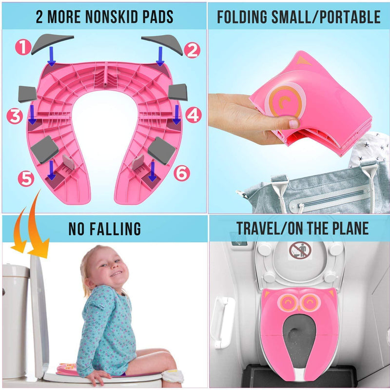 Gimars Non Slip No Falling Travel Folding Portable Potty Training Seat Fits Most Toilets, 6 Large Non-slip Silicone Pad, Home Reusable with Carry Bag for Toddlers Kids Boy Girl, Pink