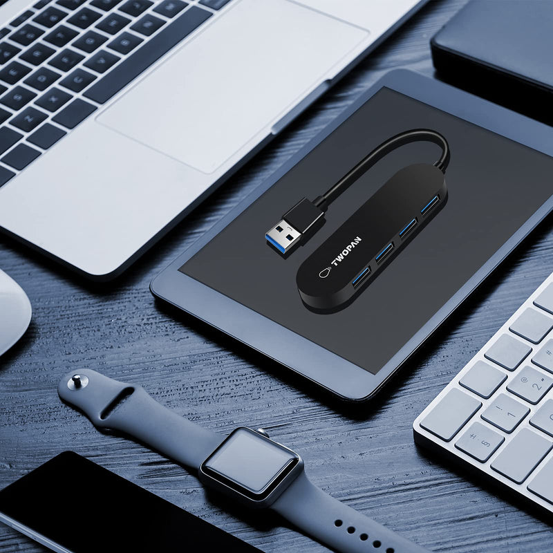 TWOPAN USB Sliptter HUB 3.0 Adapter 4-Port USB A Adapter High Speed Ports Ultra Slim Mini USB Hub with an Extra USB C Adapter for Desktop, Computer Laptop/ T2-A Black A