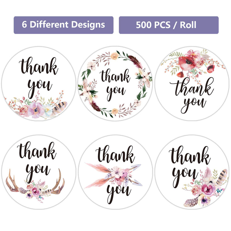 Thank You Stickers, Bohemian Feather Thank You Label Stickers, Chic Floral Label Stickers for Wedding, Company, Small Business, 6 Different Designs, 1.4 Inch, 500 Per Roll.