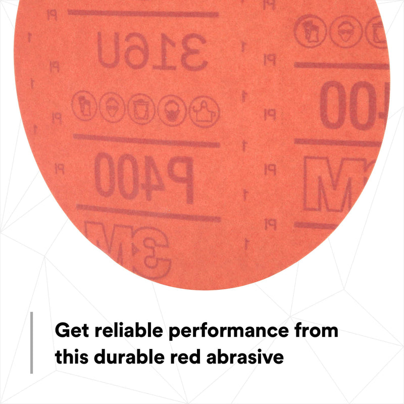 3M Hookit Red Abrasive Disc, 01218, 6 in, P400, 50 discs per carton Grade :P400 Number of Holes :No Holes Diameter: 6