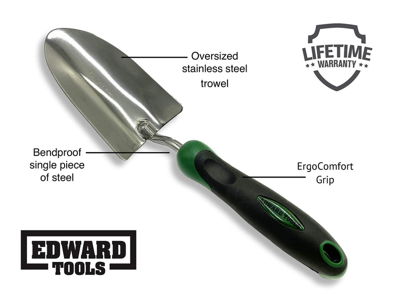 Edward Tools Bend-Proof Garden Trowel - Heavy Duty Polished Stainless Steel - Rust Resistant Oversized Garden Hand Shovel for Quicker Work - Digs Through Rocky / Heavy soils - Comfort Grip (1) 1