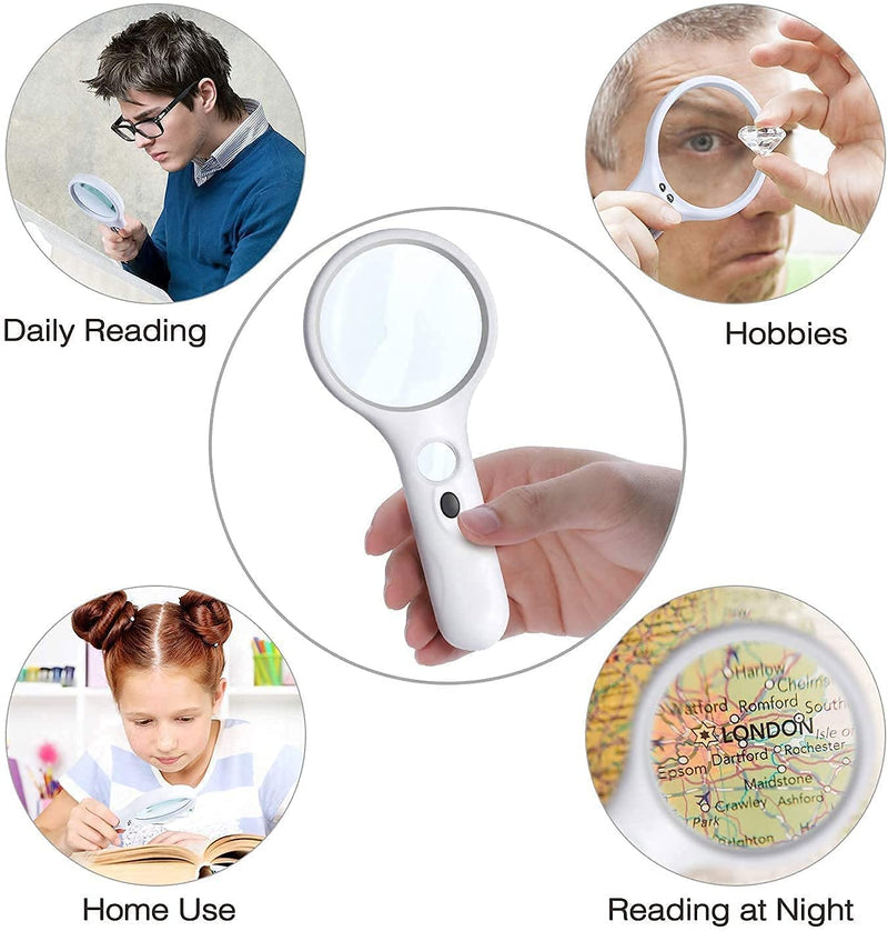 3X 45X LED Lighted Magnifying Glass,Batteries Included,Illuminated Handheld Magnifier with Light,for Seniors Reading,Macular Degeneration,Newspaper, Antique, Exploring, Map, Stamp White