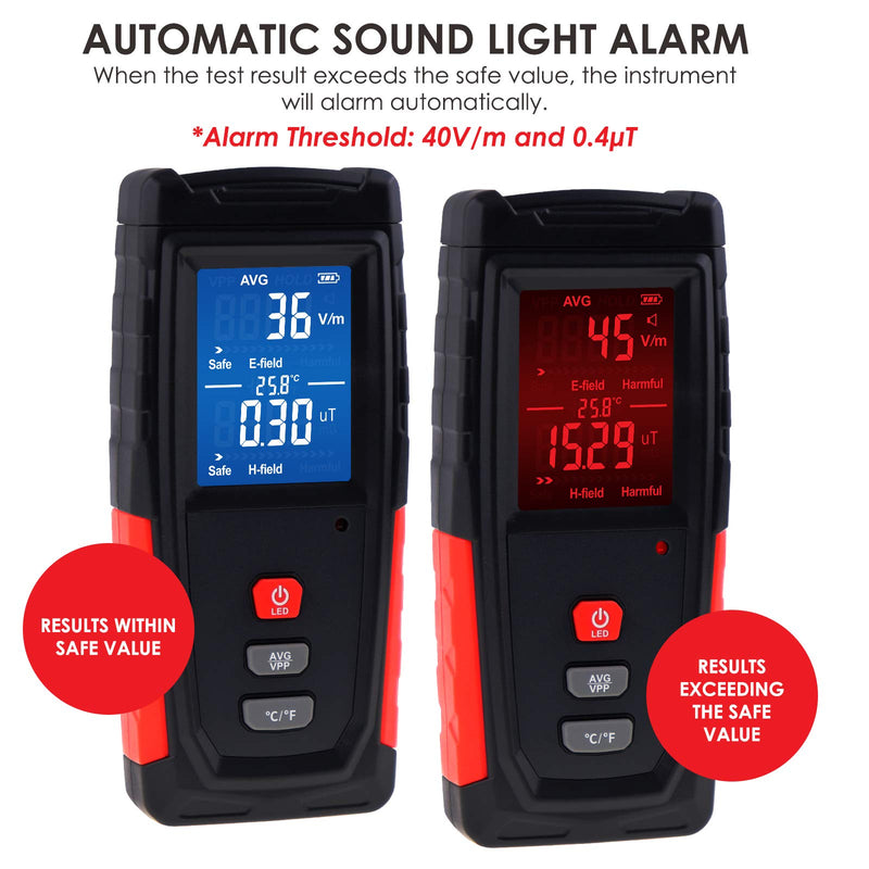 Digital EMF Tester Electric and Magnetic Field Radiation Detector Temperature Measure with Color-screen Display and Rechargeable Battery Handheld Tool