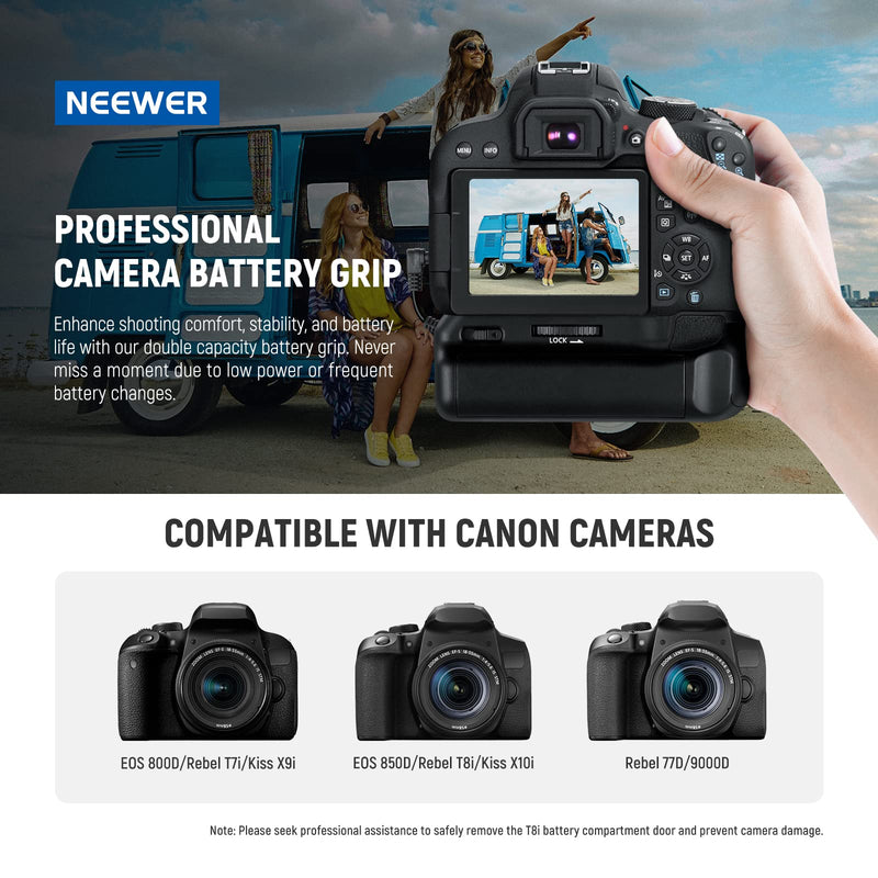 NEEWER Vertical Battery Grip Compatible with Canon EOS 800D 850D Rebel T8i T7i 77D Kiss X9i 9000D Cameras, Battery Holder with Two Compartments for 1 or 2 LP-E17 Battery (Battery Not Included)