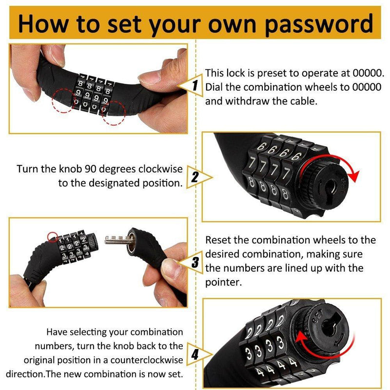 Sanwo Security Bike Lock 4 Digit Resettable Combination Cable Lock for Bicycle, 2 Feet x 1/2 Inch Black