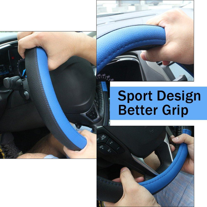 SEG Direct Black and Blue Microfiber Leather Auto Car Steering Wheel Cover Universal 15 inch Standard size[14 1/2''-15'']