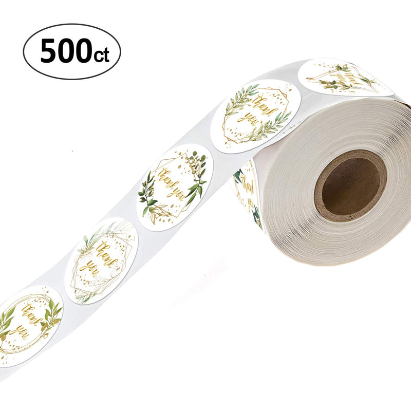 Thank You Stickers Roll, Green Leaves with Golden Frames Thank You Stickers, 1.4 Inch Adhesive Label Stickers 6 Different Designs, Perfect for Birthday, Wedding Favors, Small Business, 500 Per Pack.