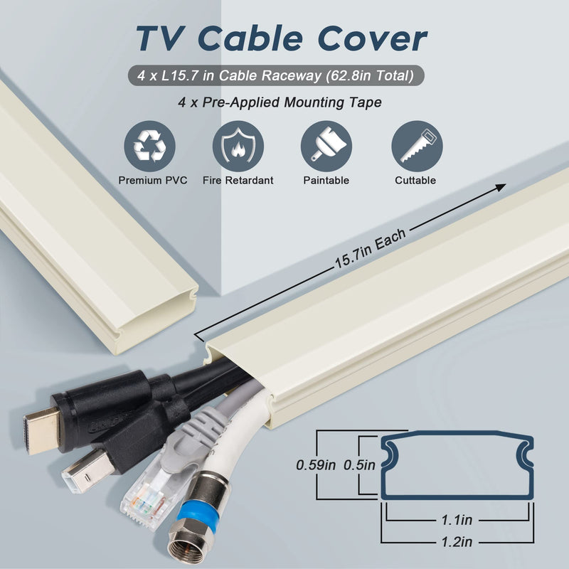 TV Cable Hider - 62.8in PVC Cord Hider Cable Management Wall, Paintable Cable Concealer for Wall Mounted TV, Cable Raceway Beige Wire Hider, Wall Wire Covers for Cords, 4* L15.7in *W1.2in *H0.59in Large