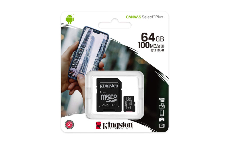 Kingston 64GB microSDXC Canvas Select Plus 100MB/s Read A1 Class 10 UHS-I Memory Card + Adapter (SDCS2/64GB) microSD Card Fast (Up to 100 MB/s) Single