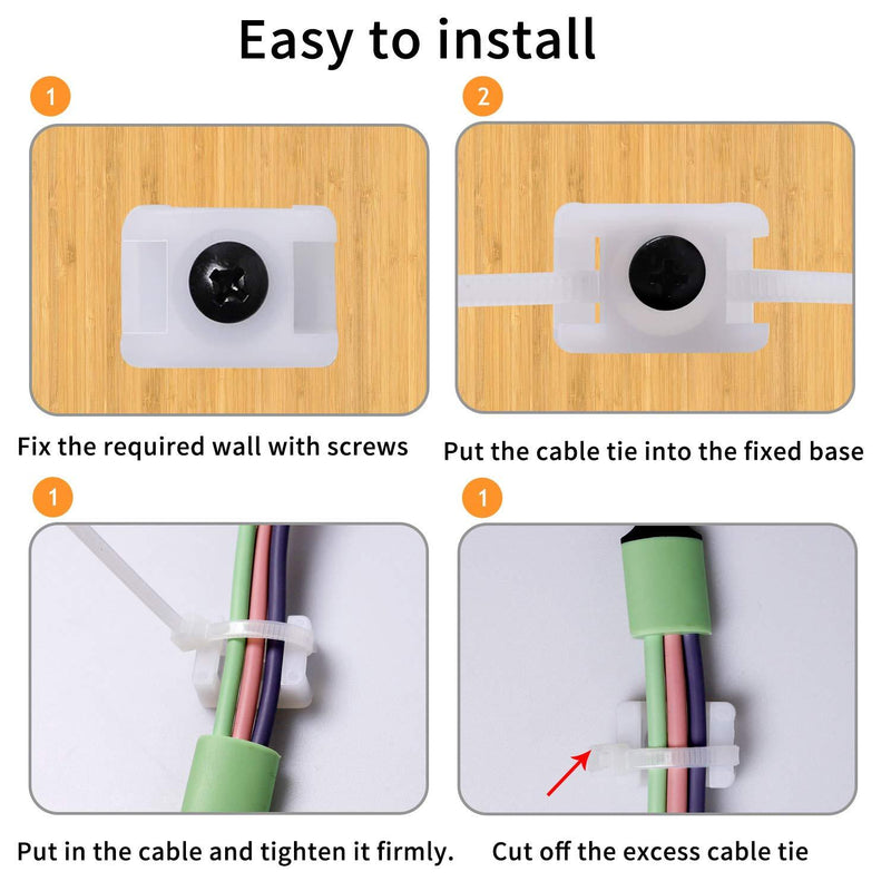 50 Pcs White Cable Tie Base Saddle Type Mount Wire Holder, Cable Zip Ties with Self-Locking 6 Inch & 0.145 Inch,#8 x 0.6 Inch Deep Thread Pan Head Screws