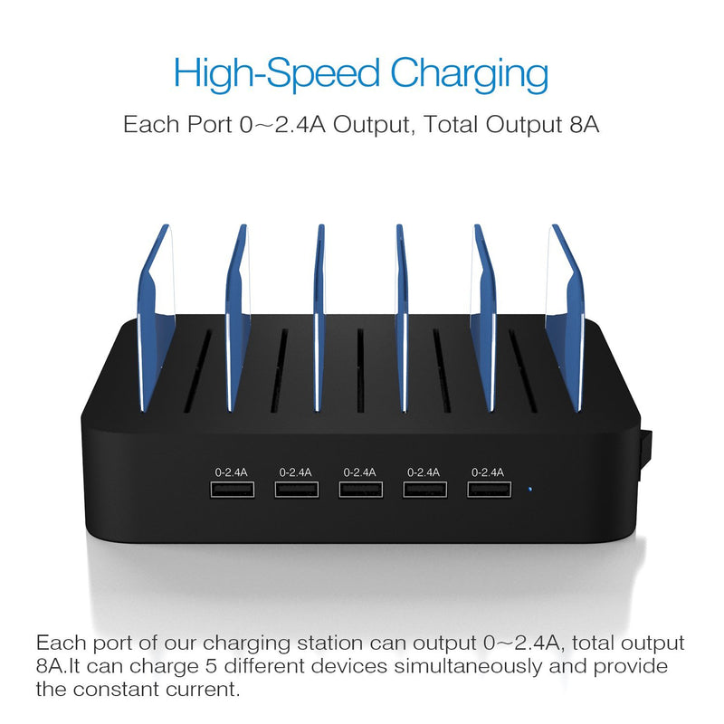 Charging Station for Multiple Devices, MSTJRY USB Charging Station Dock Switch Cell Phone 5 Port Charging Station, Compatible with iPhone iPad Cell Phone Tablets (Black, 5 Short Cables Included) Black