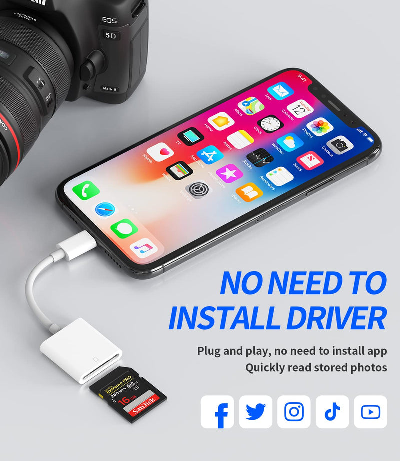 SD Card Reader for iPhone Lightning to Camera Memory Adapter Compatible with Ipad 13 12 11 Pro Max X XS XR 8 7 6 Plus 6s Se 2 Air Mini 2020 2019 2021 Adaptador Phone Accessories Apple MFI Certified