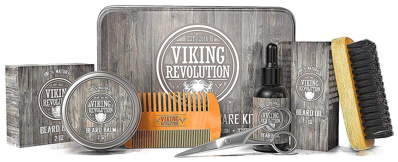 Viking Revolution Beard Care Kit for Men - Ultimate Beard Grooming Kit includes 100% Boar Menâ€™s Beard Brush, Wooden Beard Comb, Beard Balm, Beard Oil, Beard & Mustache Scissors in a Metal Box 6 Piece Set