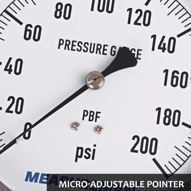 MEASUREMAN 304 Stainless Steel Case, Contractor Pressure Gauge, 0-200Psi, 4-1/2" Dial Size, -1% Accuracy, 1/4" NPT Lower Mount