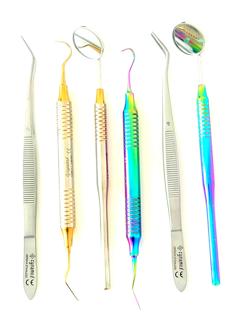 ArTLaB-Premium German 3 Instruments Basic Dental Set- Mirror Explorer College Cotton Plier Hollow Handle -Dental Instruments set of 3 (Gold and Rainbow Set of 6) Gold and Rainbow Set of 6