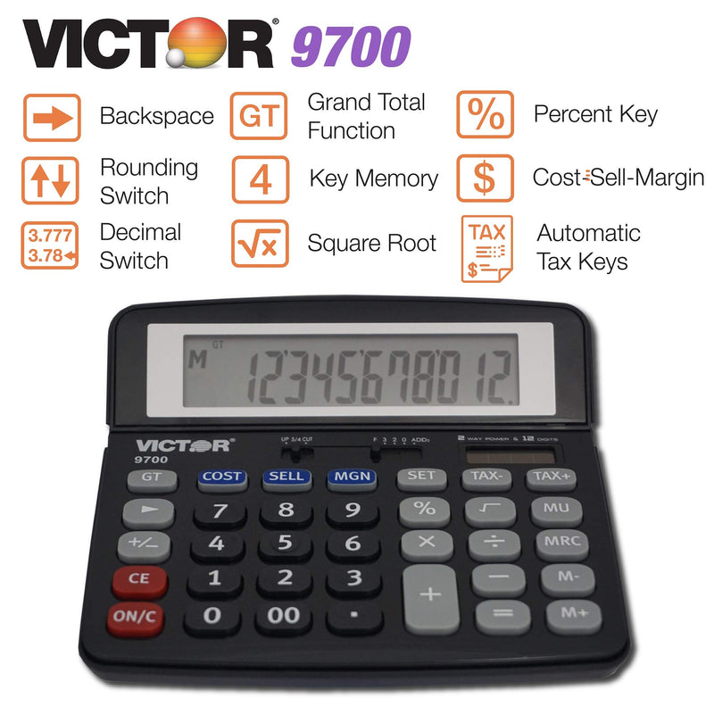 Victor 9700 12-Digit Standard Function Business Calculator, Battery and Solar Hybrid Powered Tilt LCD Display, Great for Home and Office Use, Black