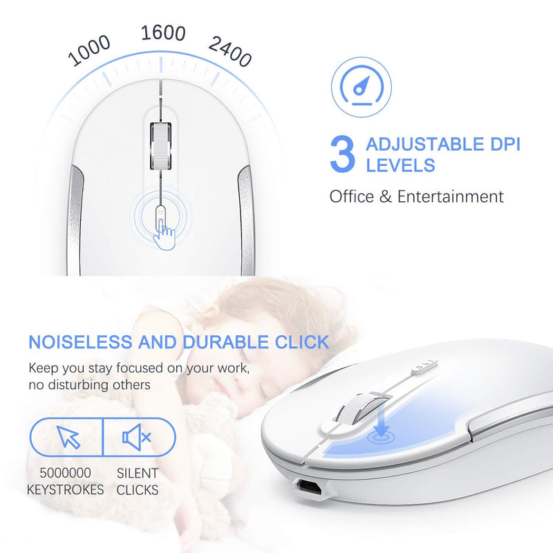 Wireless Keyboard and Mouse, Vssoplor 2.4GHz Rechargeable Compact Quiet Full-Size Keyboard and Mouse Combo with Nano USB Receiver for Windows, Laptop, PC, Notebook-White and Silver White and Silver