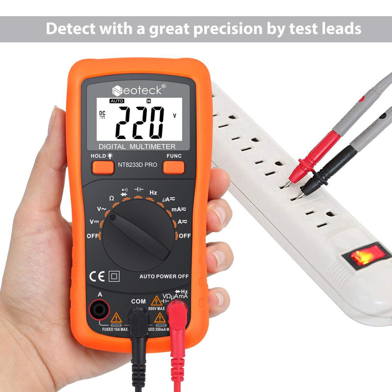 Neoteck Auto Ranging Digital Multimeter AC/DC Voltage Current Ohm Capacitance Frequency Diode Transistor Audible Continuity, Multi Tester with Backlit LCD Orange