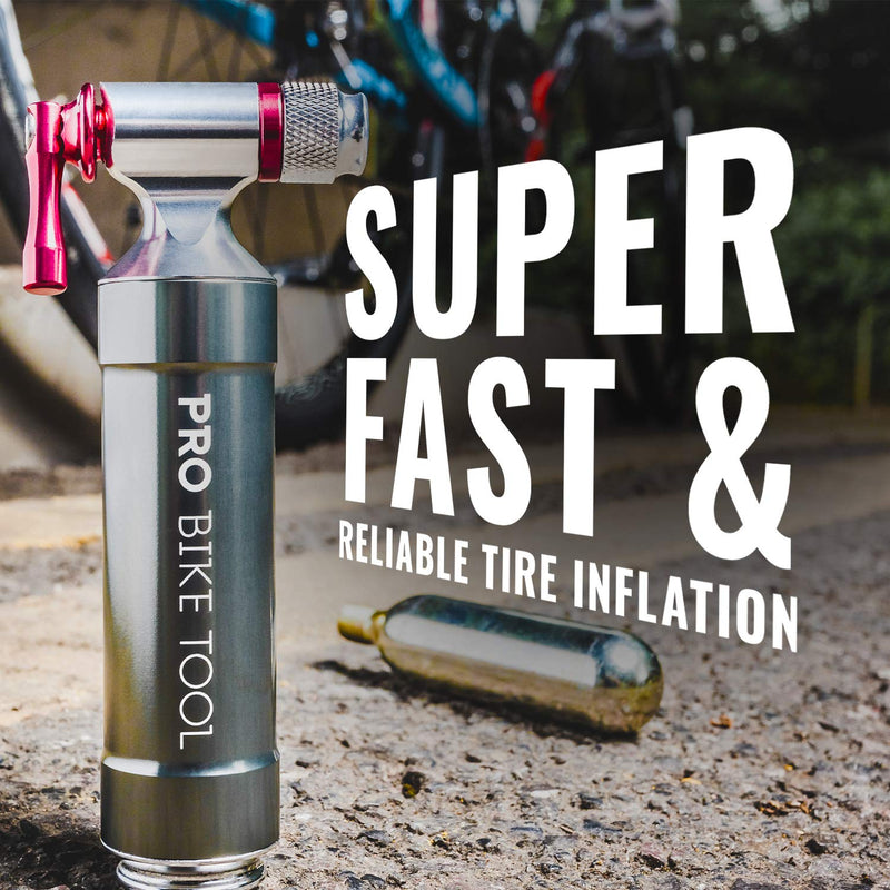 PRO BIKE TOOL CO2 Inflator with Cartridge Storage Canister - Quick, Easy and Safe - for Presta and Schrader - Bicycle Tire Pump for Road and Mountain Bikes - No CO2 Cartridges Included Titanium / Red
