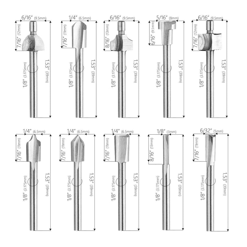 SPTA 10Pc HSS Router Carbide Engraving Bits & 10Pcs Router Bit 1/8"(3mm) Shank for Rotary Tools for DIY Woodworking, Carving, Engraving, Drilling