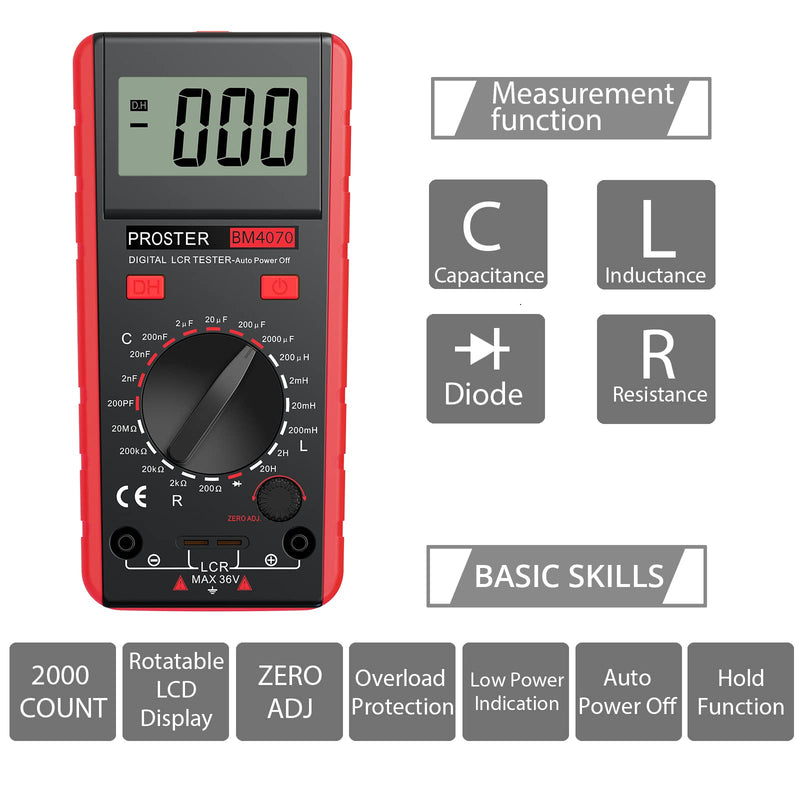 Proster LCR Meter Capacitance Inductance Resistance Tester Multimeter Self-Discharge with Overrange Display Red