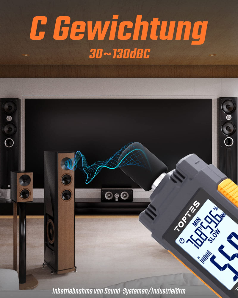 Decibel Meter, TopTes TS-501B Sound Level Meter with 2.24" Backlit LCD Screen, A/C Weighted, Range 30-130dB, MAX/MIN, Data Storage - Orange