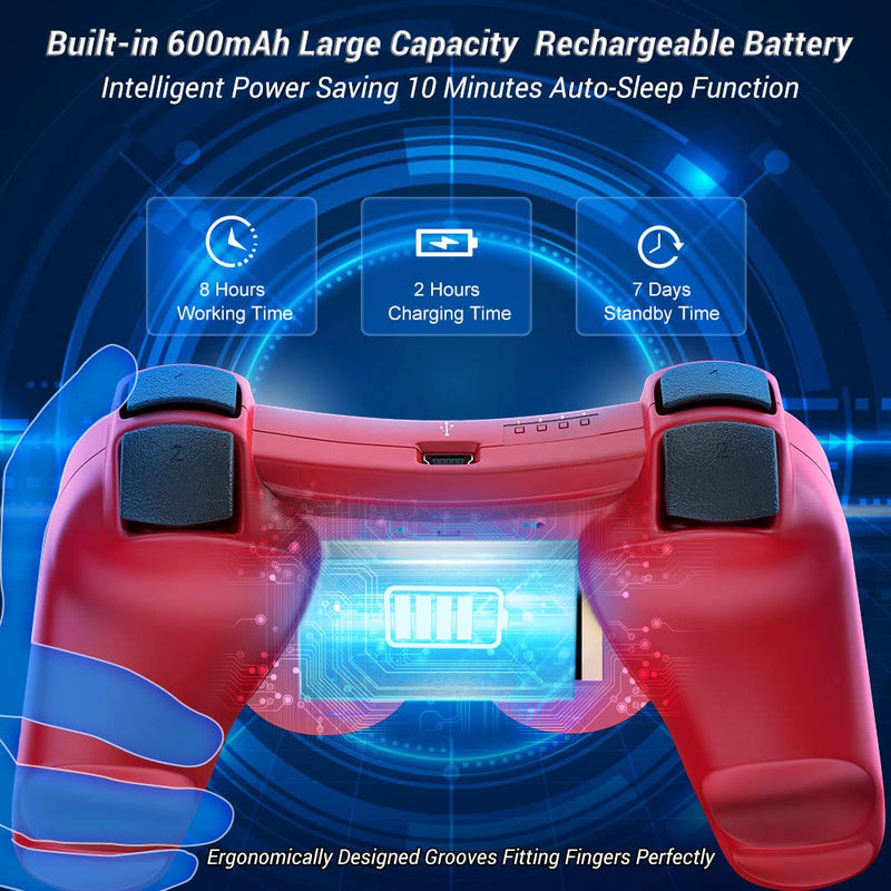 Controller Wireless for PS3, Controller for Sony Playstation 3, 2 Pack, Doubleshock,6-Axis,Upgraded Gamepad Remote for PS3 Controller for Playstation 3 Controller with Analog Joysticks 2 Charger Cords Blue + Red